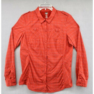 REI Shirt Womens Large Orange Plaid Long Sleeve Outdoors Hiking Camping Gorpcore